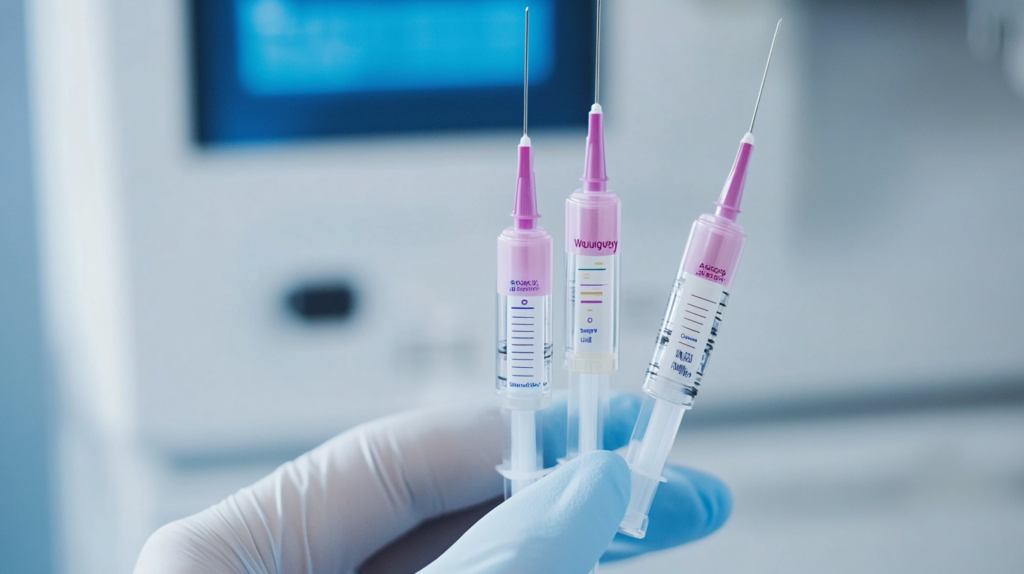 Close-up of three labeled GLP-1 medication syringes held upright in a clinical setting.