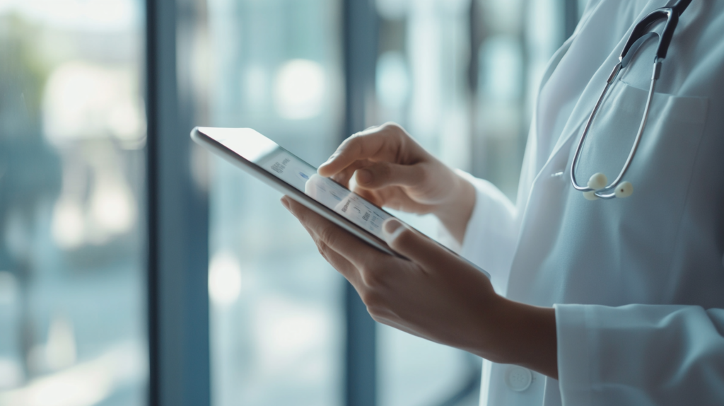 Close-up of doctor using tablet to review semaglutide treatment plan in bright clinic