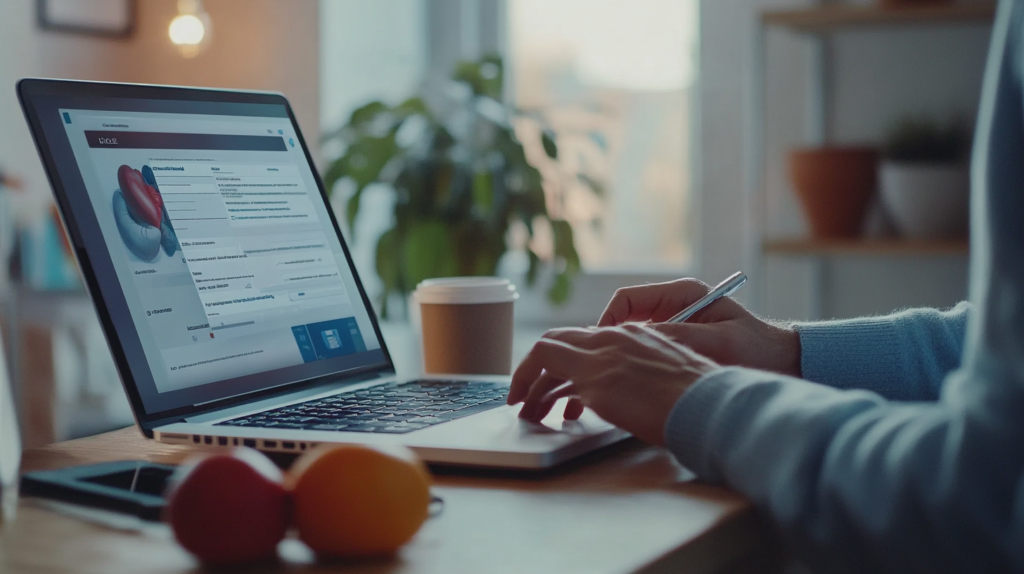 Patient completing digital health form for GLP-1 treatment on laptop with fruit and coffee nearby