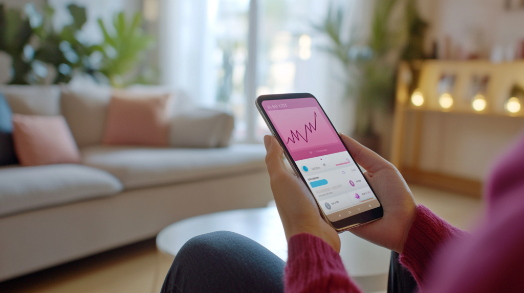 Person holding smartphone with weight loss tracking app open in a bright living room