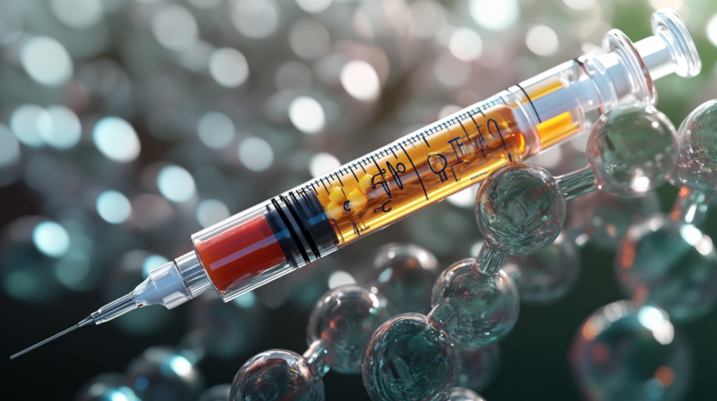 Close-up of a syringe filled with amber liquid surrounded by transparent molecular structures.