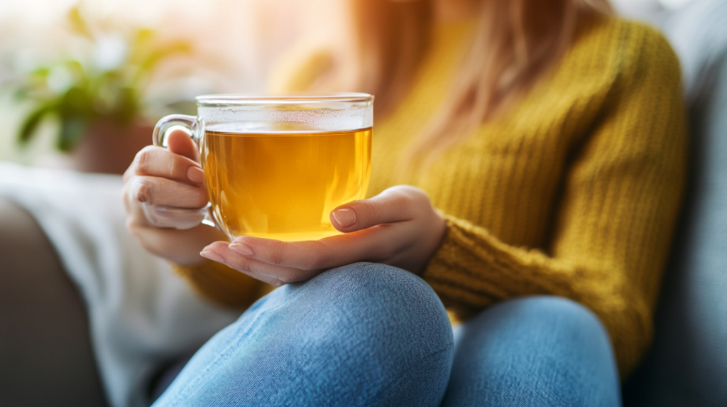 Woman sitting on couch holding a cup of ginger tea to ease semaglutide nausea