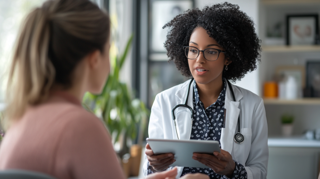 Female doctor discussing weight loss treatment options with a patient in a clinic setting.
