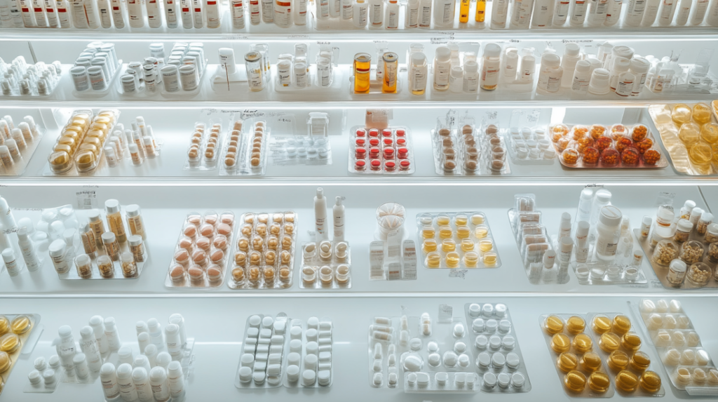  Pharmacy-style display of various weight loss medications, arranged in blister packs and bottles across illuminated shelves.