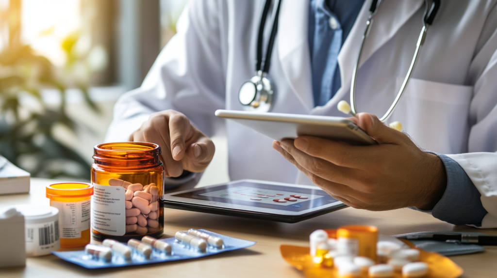 Physician using a tablet to review weight loss treatment options, with open prescription bottles and blister packs on the desk.