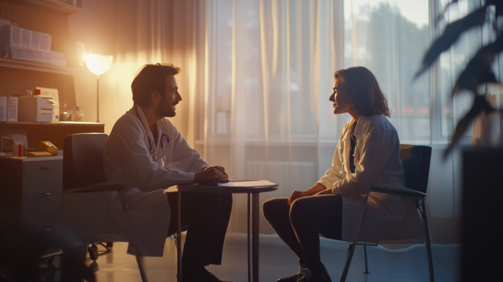 Two healthcare professionals discussing weight loss treatments in a clinical office setting

