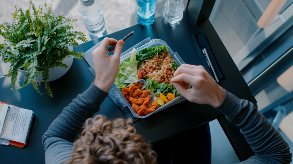 Man eating a balanced semaglutide-friendly lunch with greens, grains, and chicken at a modern office desk