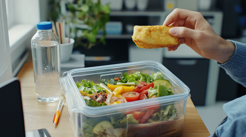Healthy salad lunch in container with water bottle on desk, ideal for semaglutide meal planning