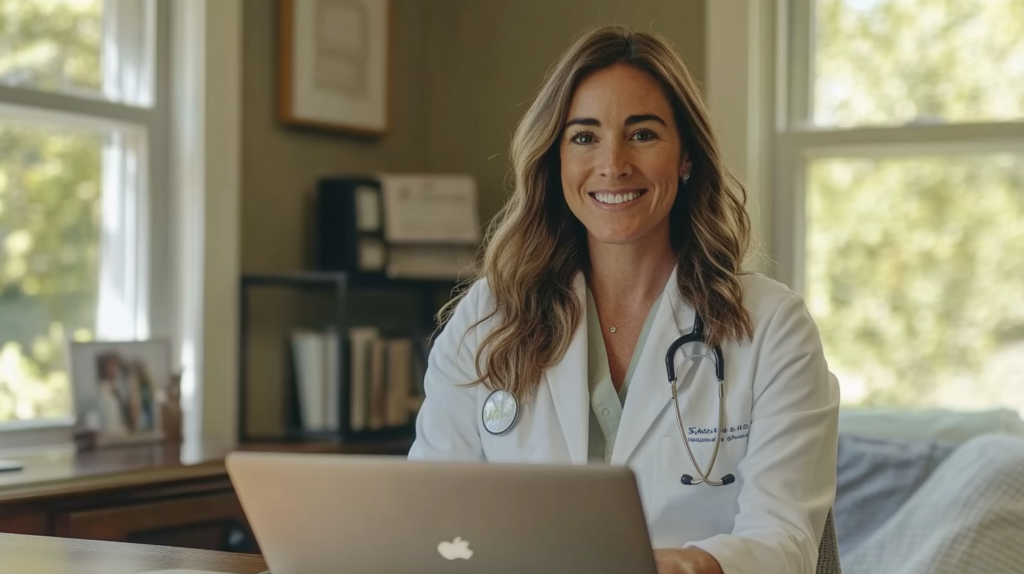 Smiling female doctor in a white coat sitting at her laptop, ready for a virtual weight loss consultation.