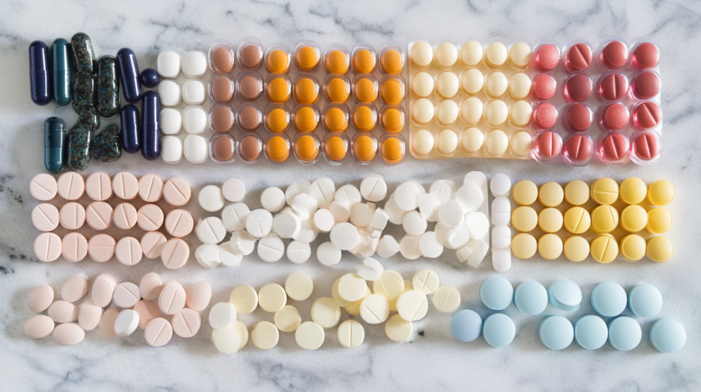 Assorted prescription pills and capsules organized by color and shape on a marble surface, showcasing variety in weight loss medications.
