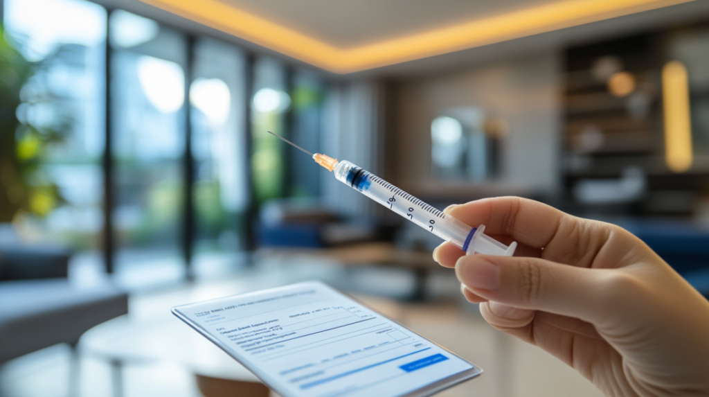 Hand holding a semaglutide injection syringe above a prescription form in a brightly lit medical office.