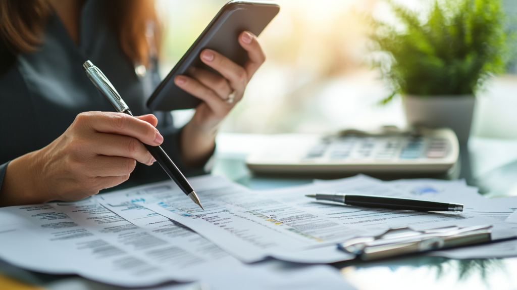 Close-up of person reviewing semaglutide-related paperwork with a smartphone, calculator, and documents on a desk.