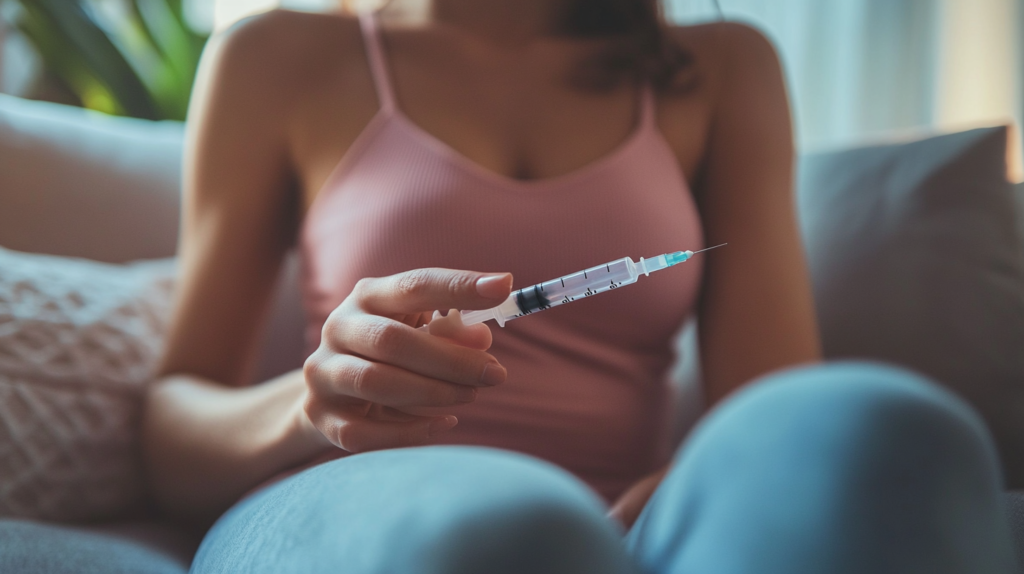 Woman holding a semaglutide injection pen while seated on a couch at home