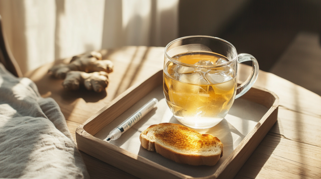Tray with ginger tea, toast, and a semaglutide injection pen in a cozy morning light setting