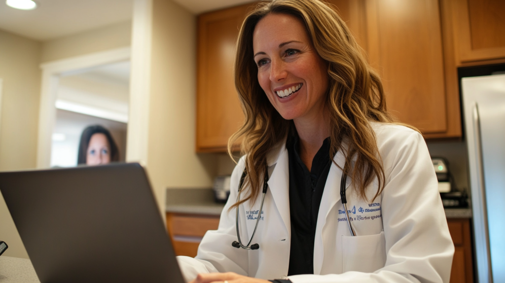 Female telehealth provider smiling during virtual consultation for GLP-1 medication