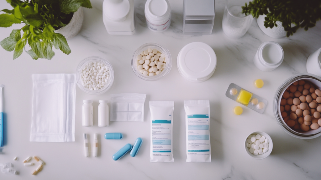 Flat lay of assorted weight loss medications, including pills, capsules, vials, and semaglutide packaging on a white countertop.