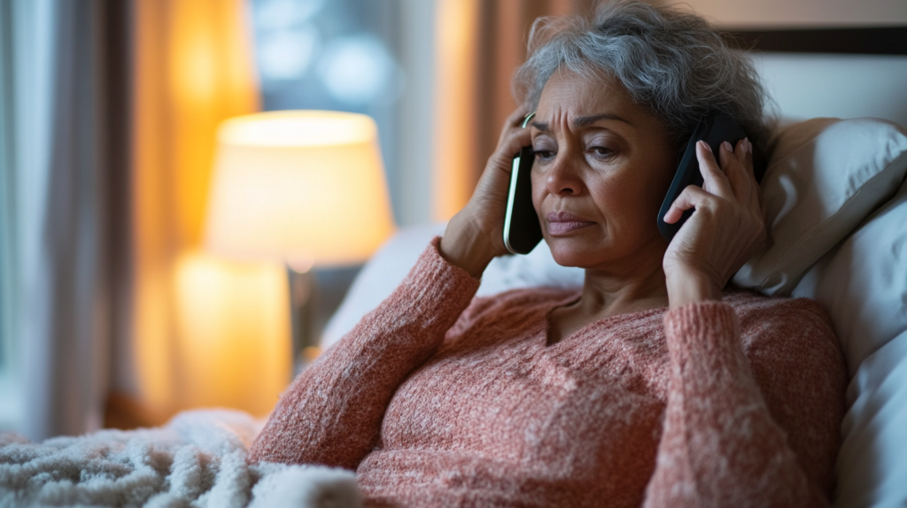 Concerned woman in bed making a phone call to her healthcare provider