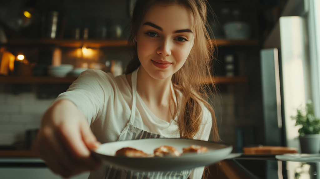 Smiling woman offering a small meal portion in a cozy kitchen, representing appetite control