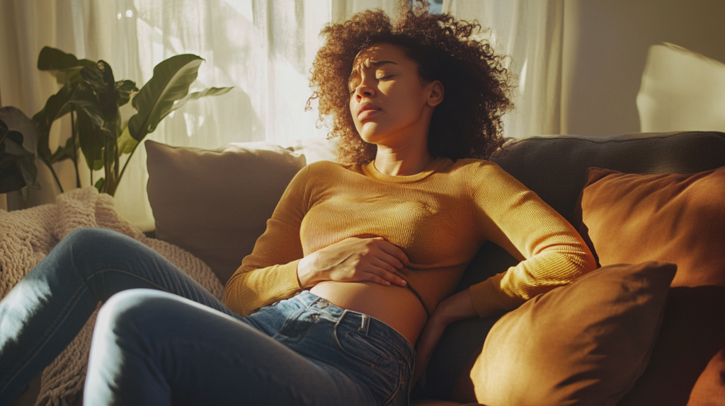 Woman lying on couch holding her stomach and experiencing digestive discomfort