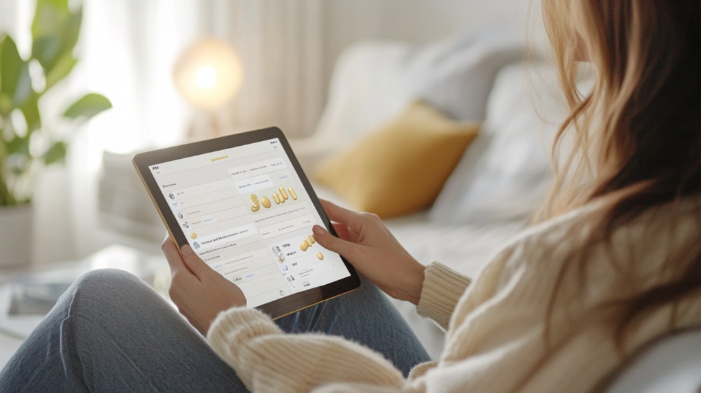 Woman reviewing weight loss medication options through a telehealth app on a tablet at home.