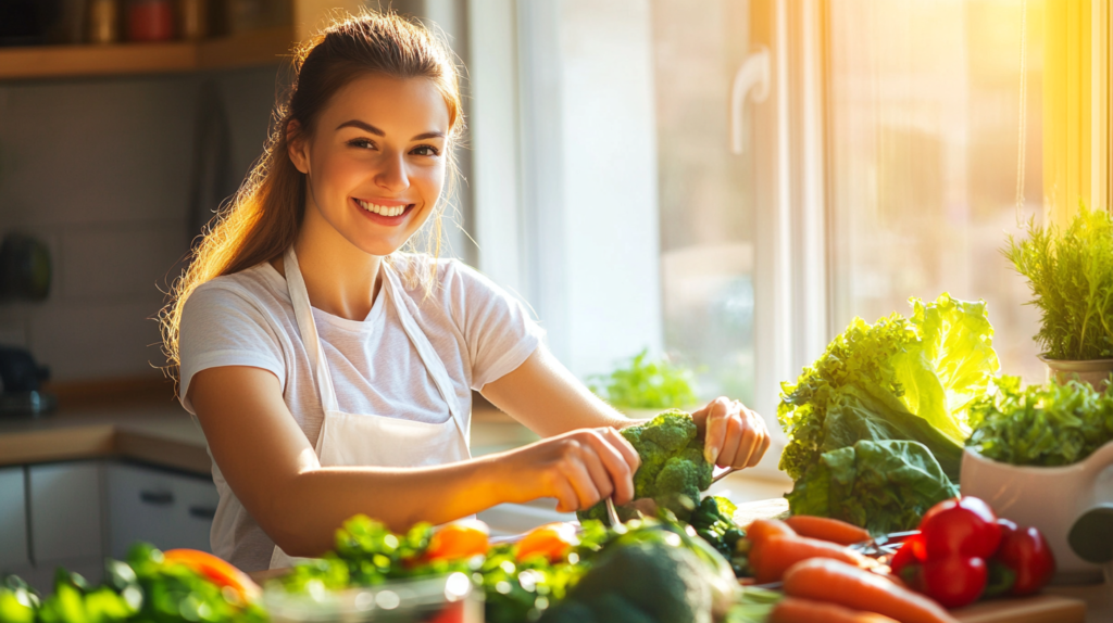 Smiling woman chopping fresh vegetables in a sunlit kitchen for a healthy semaglutide meal
