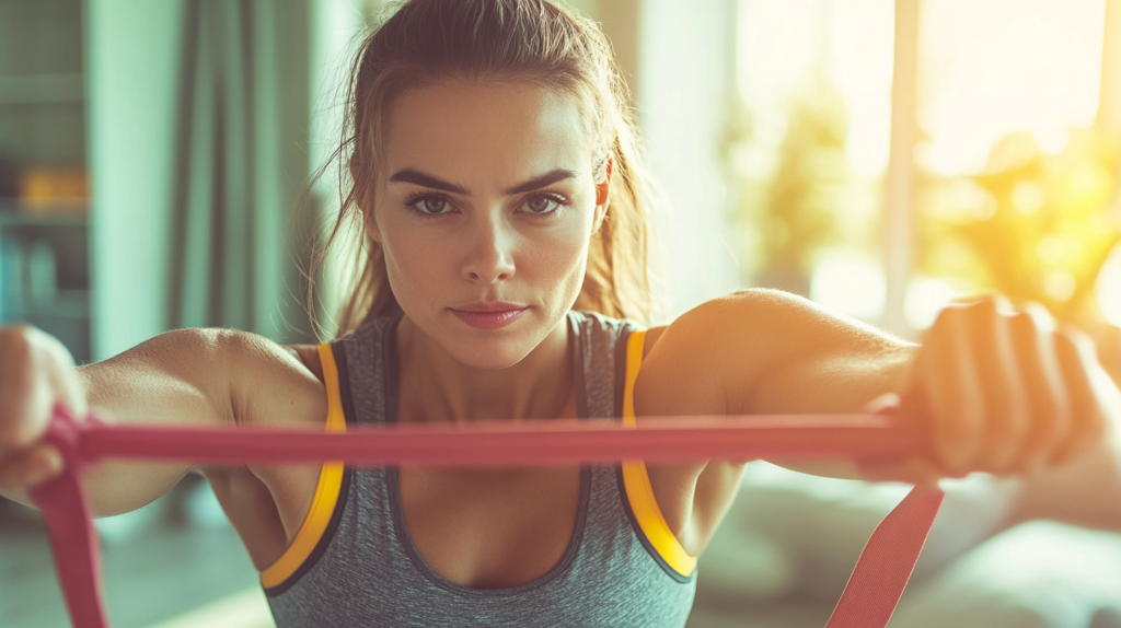 Focused woman using resistance bands during strength training at home in natural light