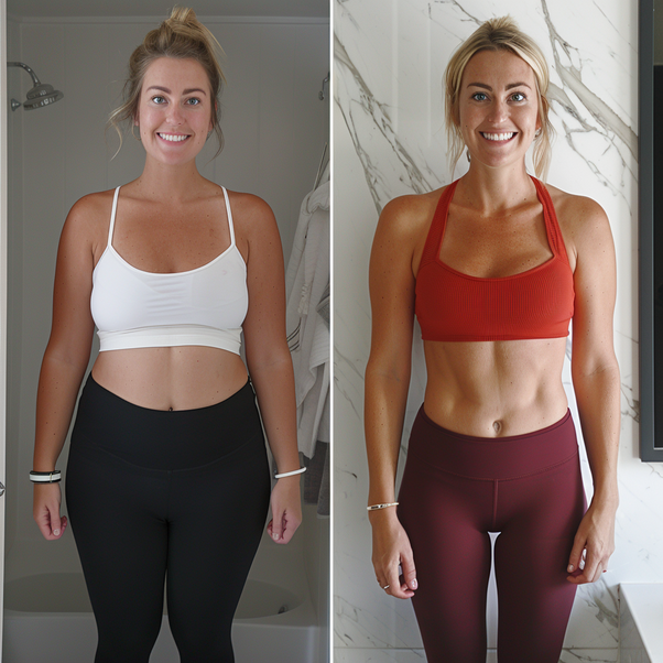 Side-by-side comparison of a woman before and after significant weight loss in athletic wear.